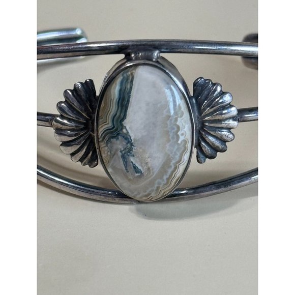 Vintage GFMW Sterling Silver Green Lace Jasper Cuff Bracelet 6 1/4' - Picture 5 of 11